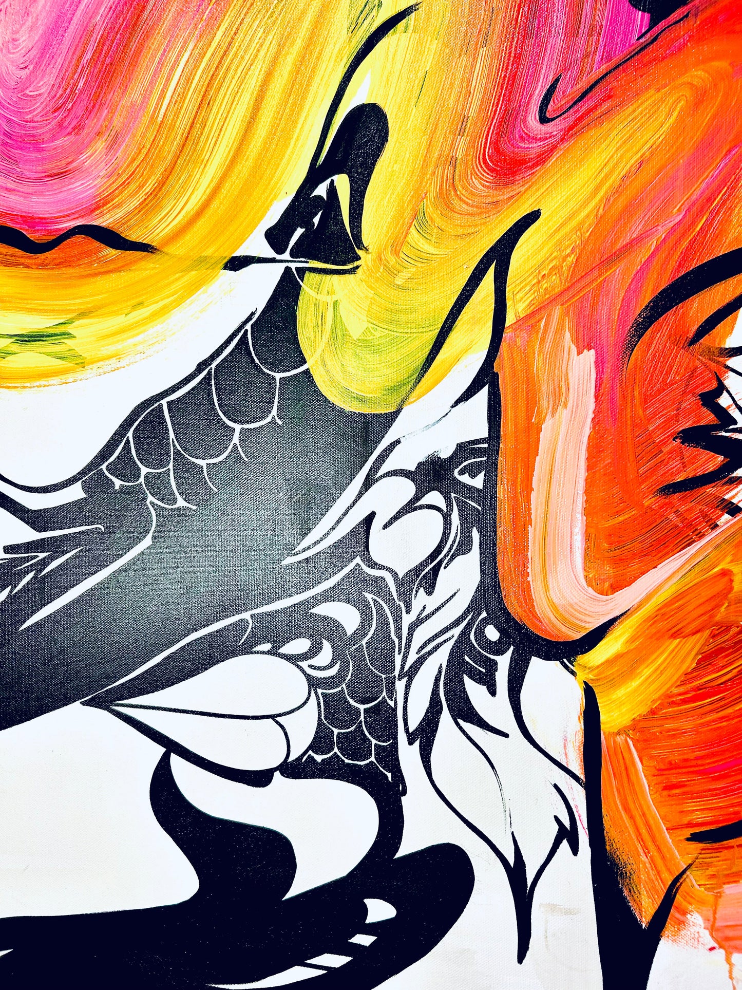 Abstract artwork with colorful brush strokes and black line art