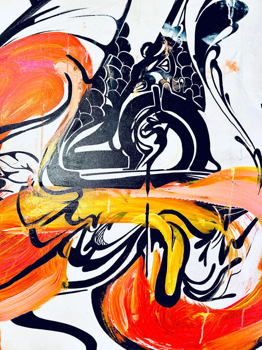 Abstract art with black, orange, and white colors on a white background